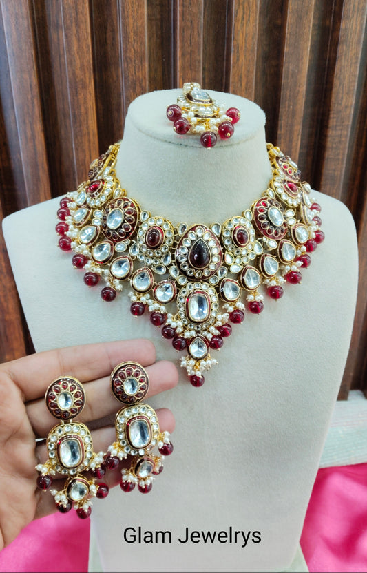 Maroon Meenakari Kundan Necklace Indian Jewelry Aman Set