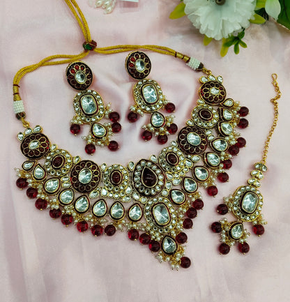 Maroon Meenakari Kundan Necklace Indian Jewelry Aman Set