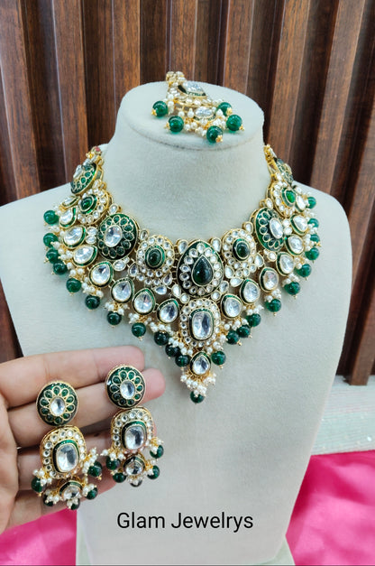 Green Meenakari Kundan Necklace Indian Jewelry Aman Set