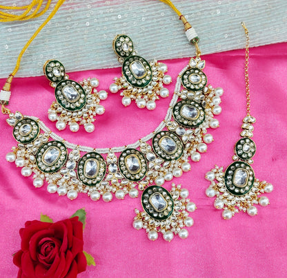 Gold White Meenakari Kundan Necklace Indian Jewelry Alone Set