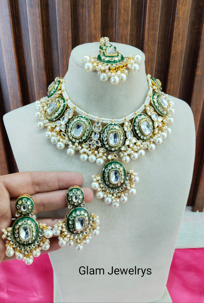 Gold White Meenakari Kundan Necklace Indian Jewelry Alone Set