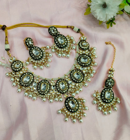 Gold White Meenakari Kundan Necklace Indian Jewelry Alone Set