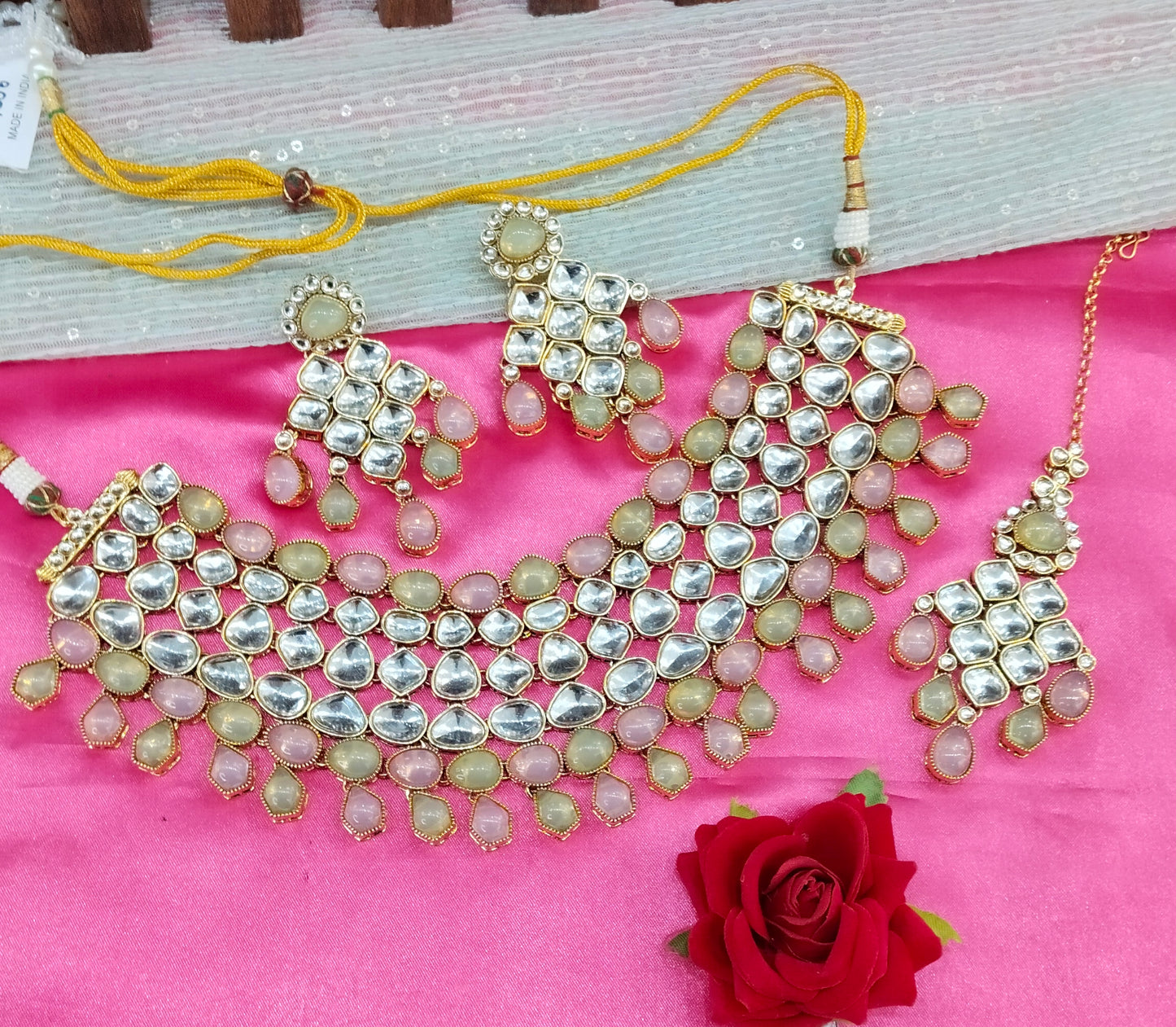 Mint Pink Kundan Necklace Indian Jewelry Lucky Set