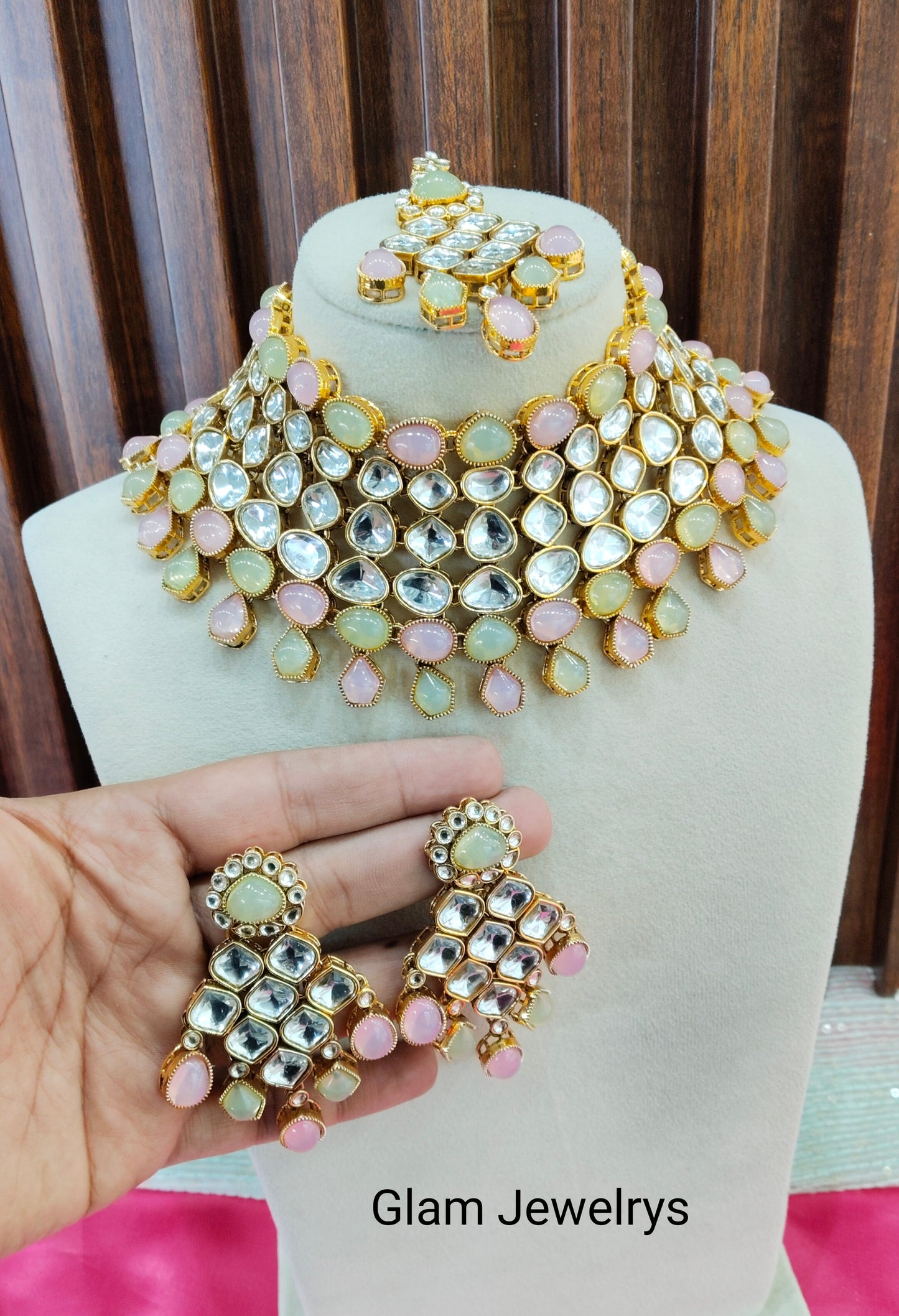 Mint Pink Kundan Necklace Indian Jewelry Lucky Set