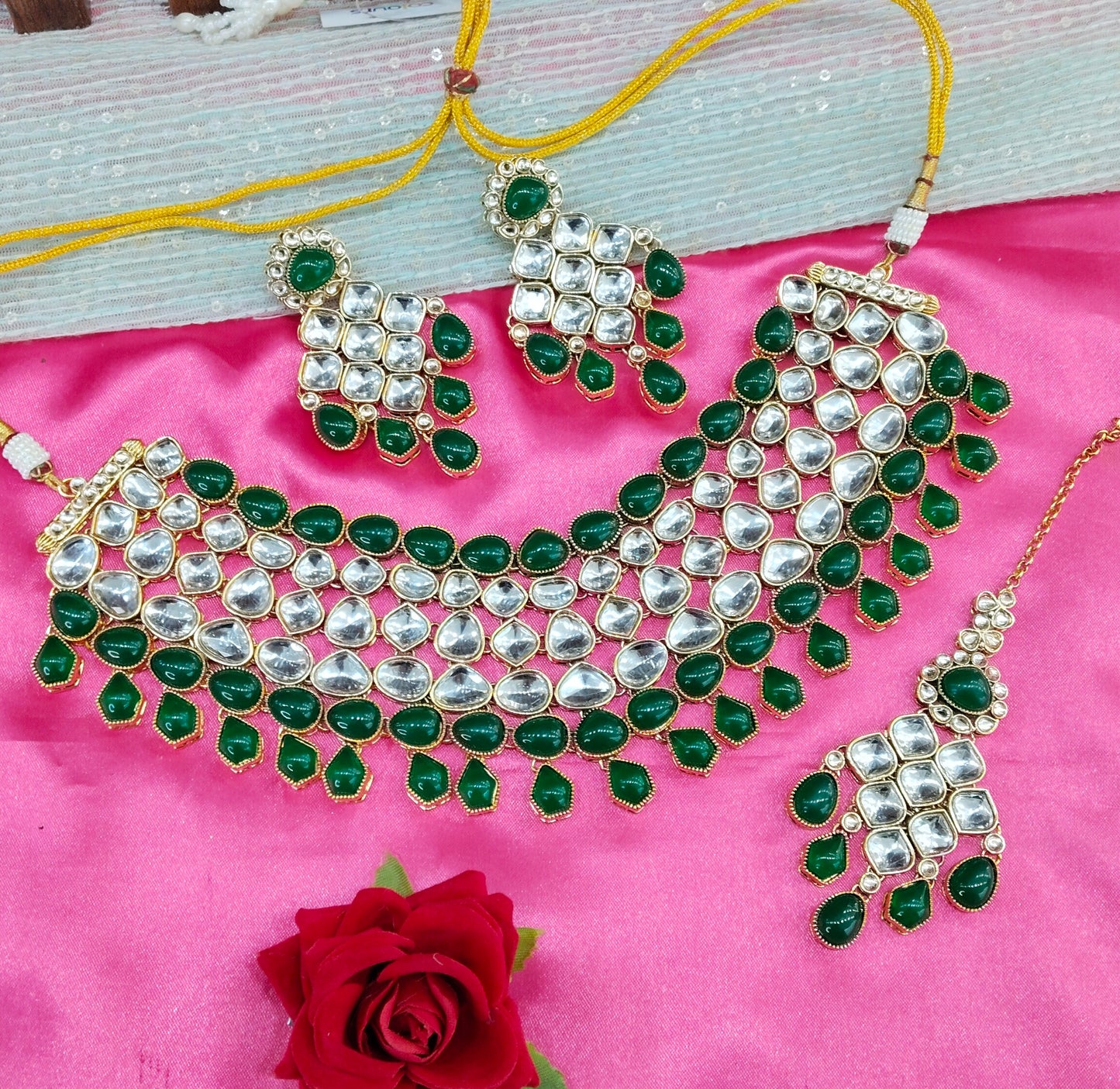 Green Kundan Necklace Indian Jewelry Lucky Set