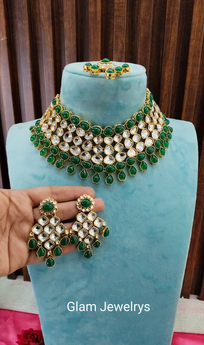 Green Kundan Necklace Indian Jewelry Lucky Set