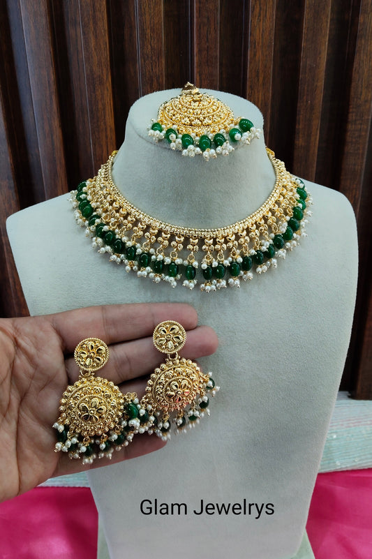 Green Gold Look Punjabi Style Necklace Indian Jewellery Asha Set