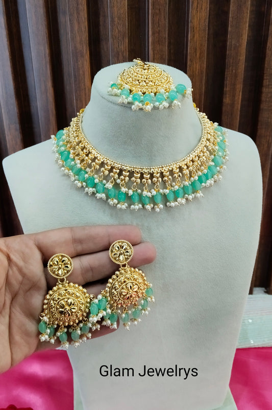 Sage Green Gold Look Punjabi Style Necklace Indian Jewellery Asha Set