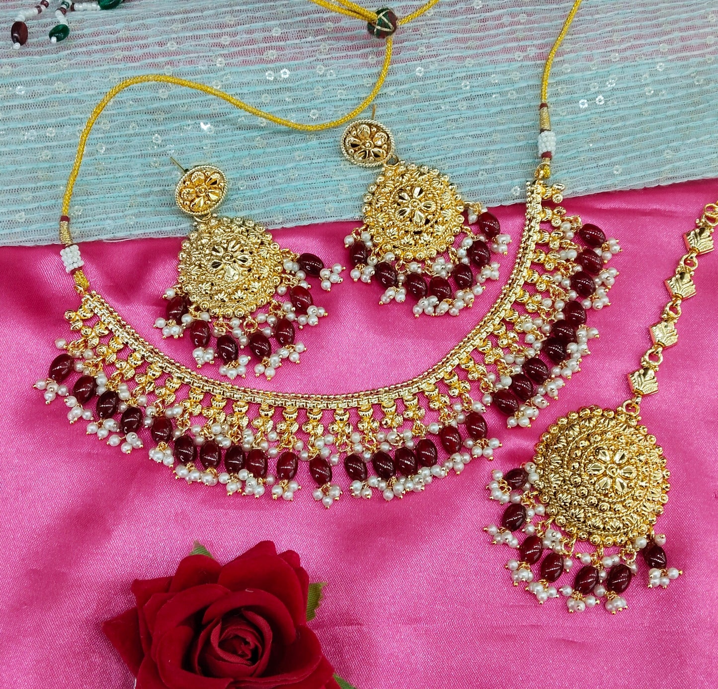 Maroon Gold Look Punjabi Style Necklace Indian Jewellery Asha Set