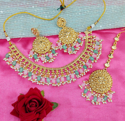 Mint Pink Gold Look Punjabi Style Necklace Indian Jewellery Asha Set