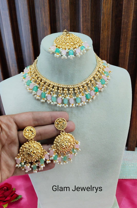 Mint Pink Gold Look Punjabi Style Necklace Indian Jewellery Asha Set