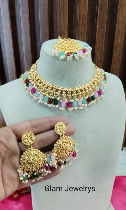 Multi Color Gold Look Punjabi Style Necklace Indian Jewellery Asha Set