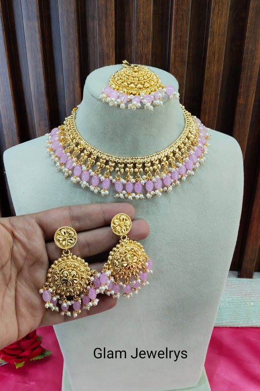 Lavender Gold Look Punjabi Style Necklace Indian Jewellery Asha Set