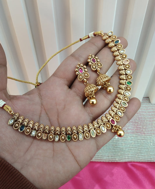 Multi color Gold Polki Jhumki Necklace Indian Jewellery Delta Set