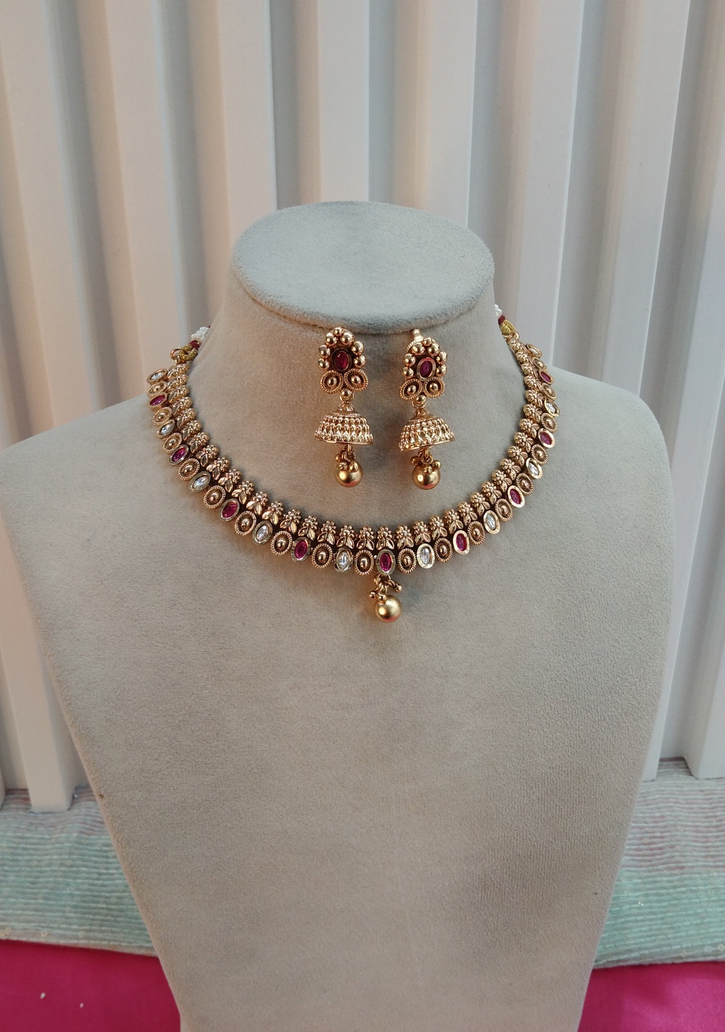 Ruby Gold Polki Jhumki Necklace Indian Jewellery Delta Set