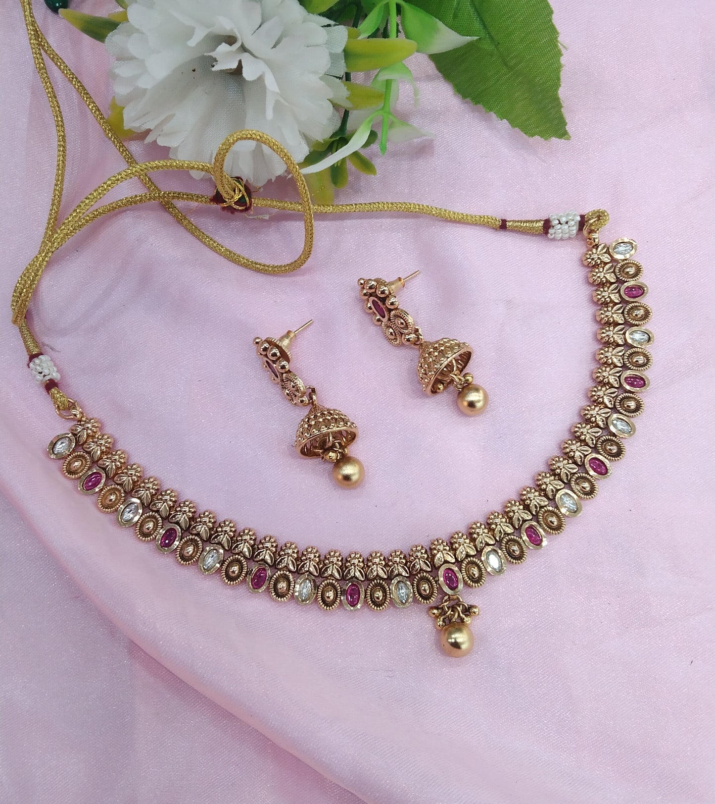 Ruby Gold Polki Jhumki Necklace Indian Jewellery Delta Set