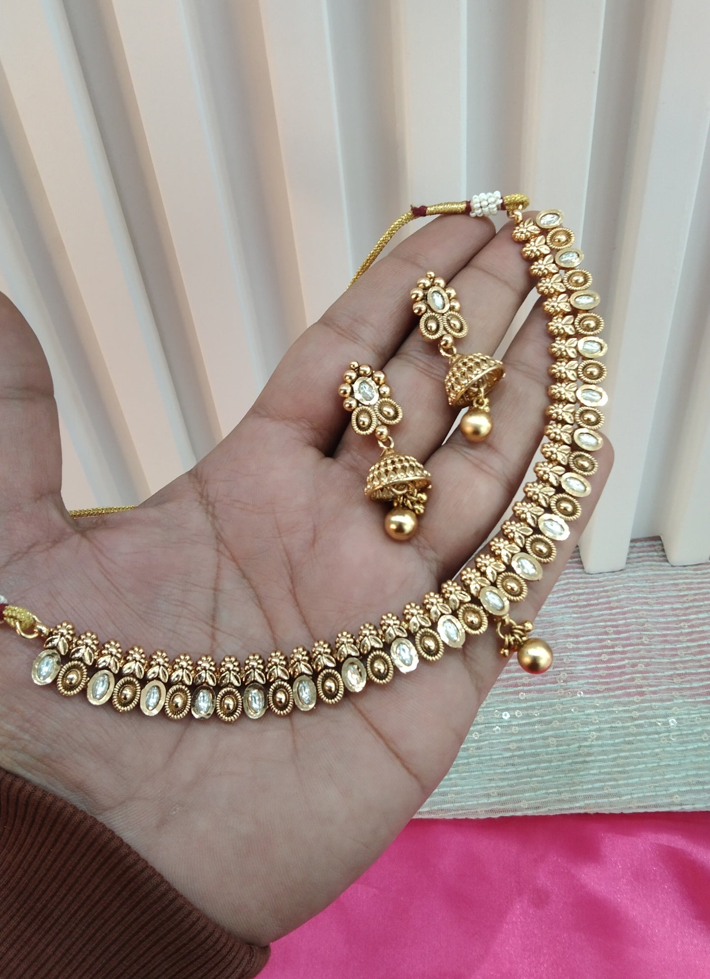 Gold Polki Jhumki Necklace Indian Jewellery Delta Set