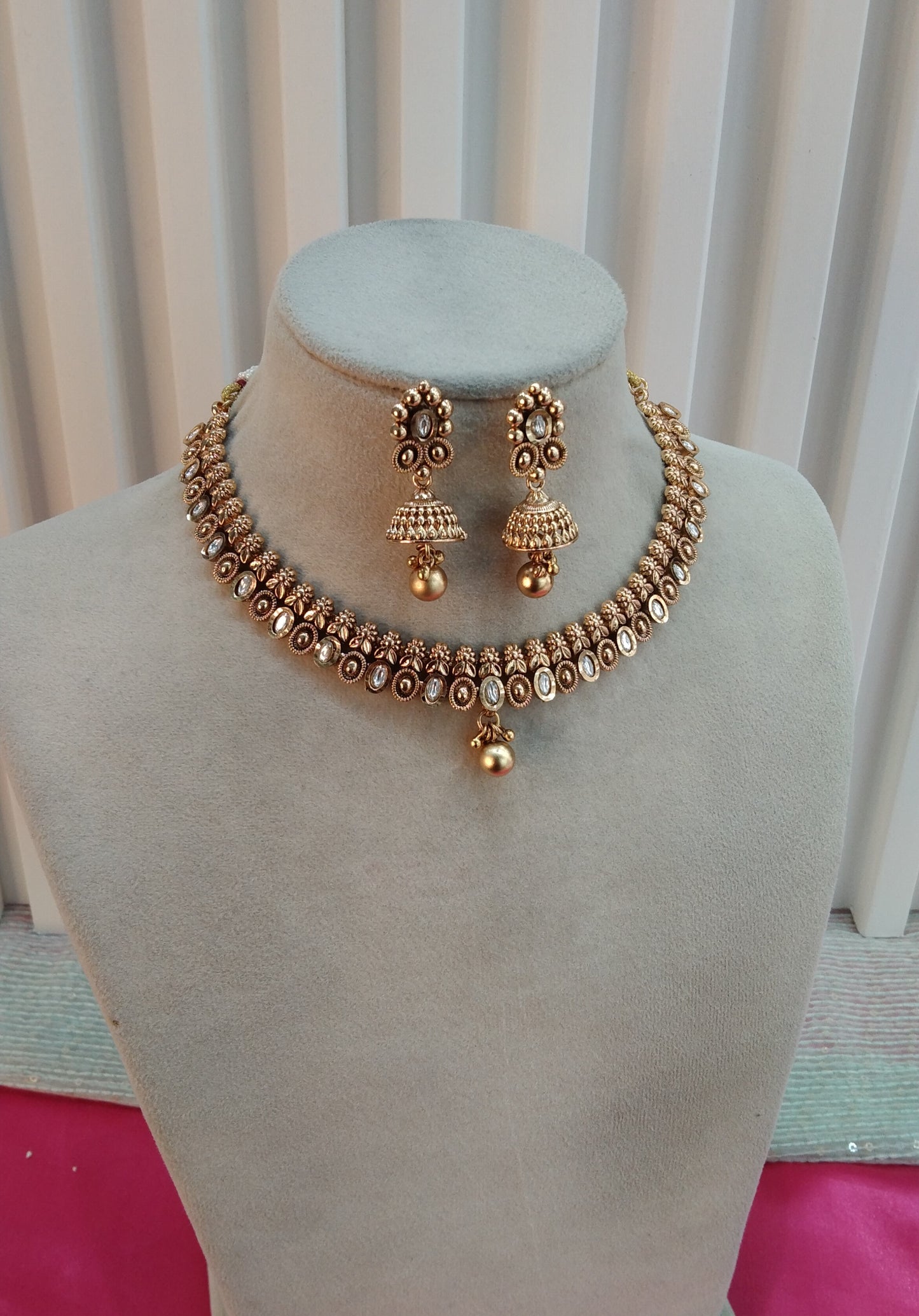 Gold Polki Jhumki Necklace Indian Jewellery Delta Set