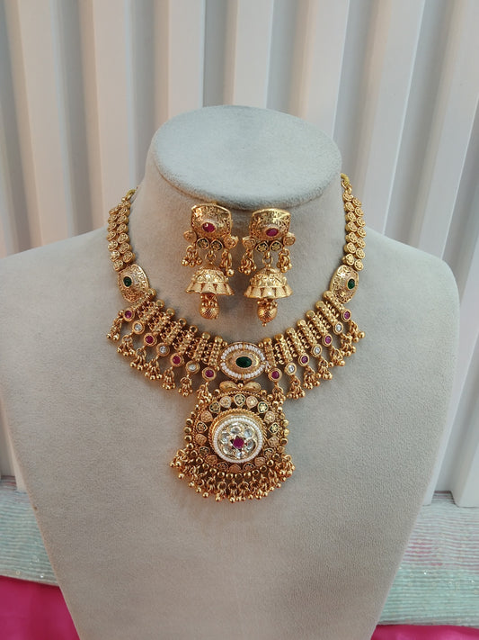 Ruby Green Gold Polki Jhumki Necklace Indian Jewellery Delta Set