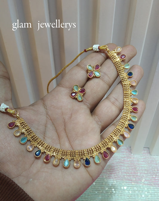 Multi Color Gold Polki Necklace Indian Jewellery Delta Set