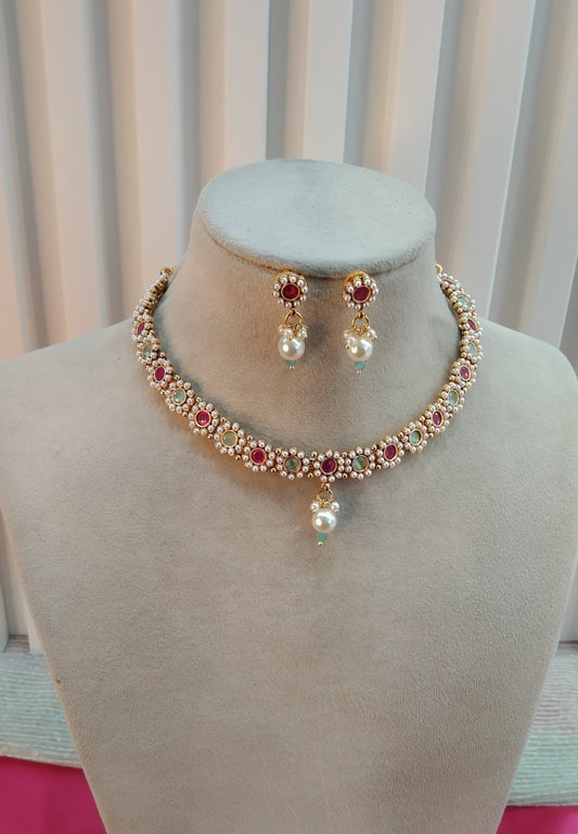 Ruby Pastel Gold Polki Necklace Indian Jewellery Delta Set