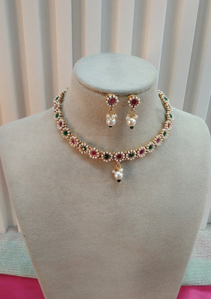 Ruby Green Gold Polki Necklace Indian Jewellery Delta Set