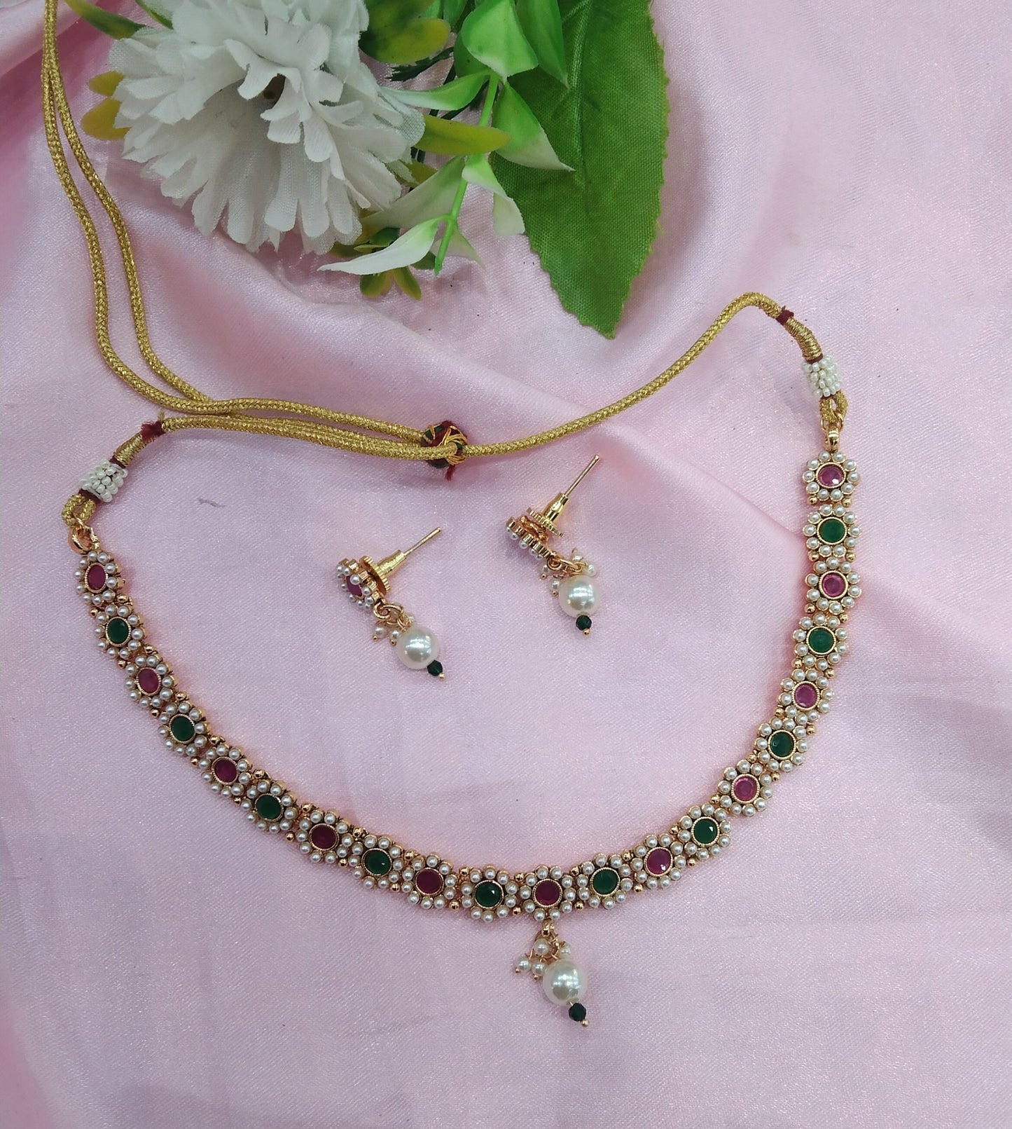 Ruby Green Gold Polki Necklace Indian Jewellery Delta Set