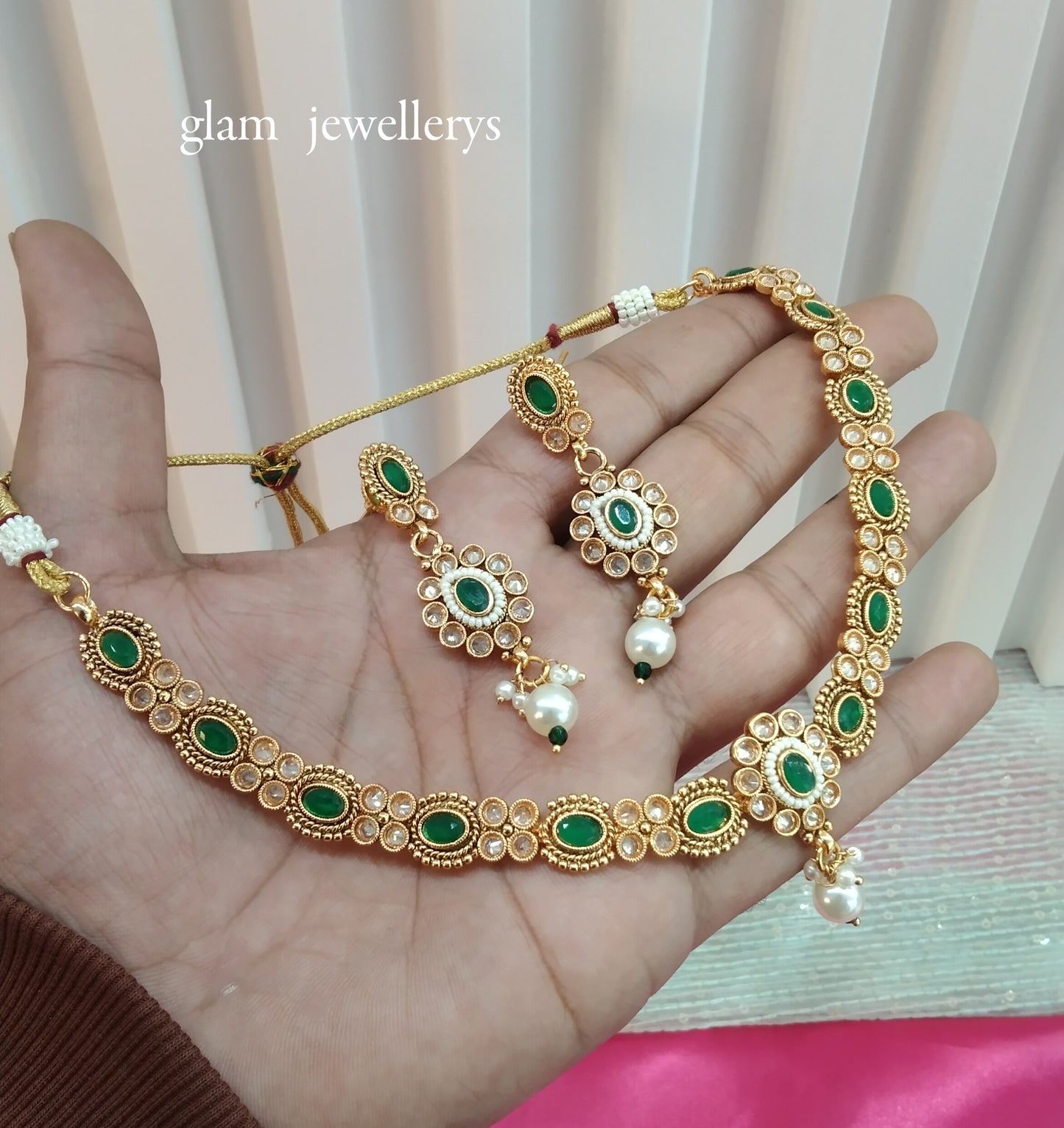 Green Gold Polki Necklace Indian Jewellery Delta Set