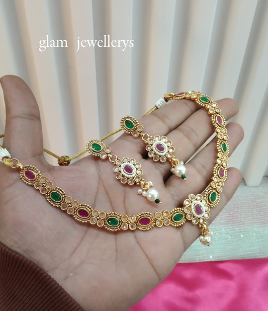 Ruby Green Gold Polki Necklace Indian Jewellery Delta Set