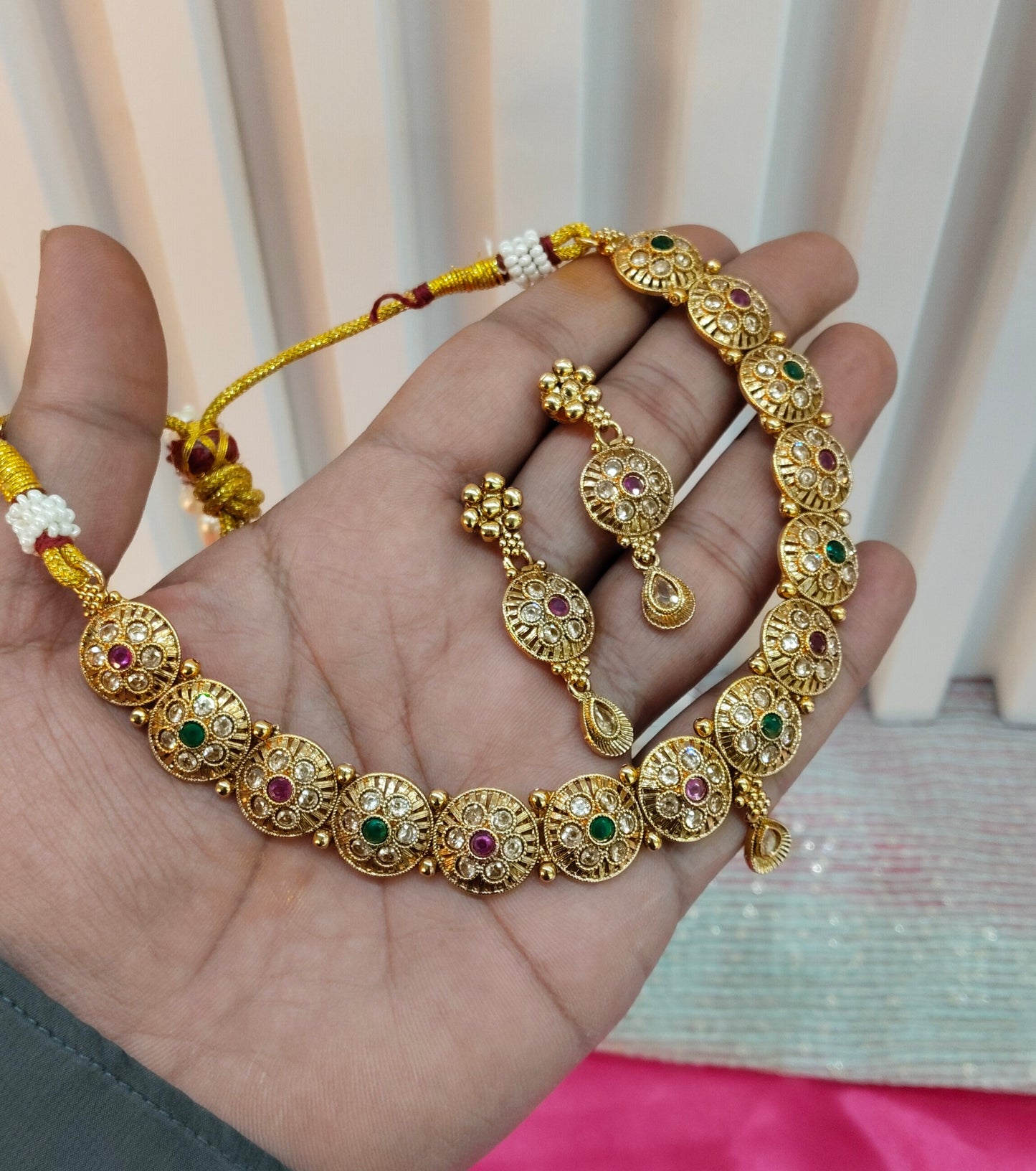 Ruby Green Gold Polki Necklace Indian Jewellery Studio Set