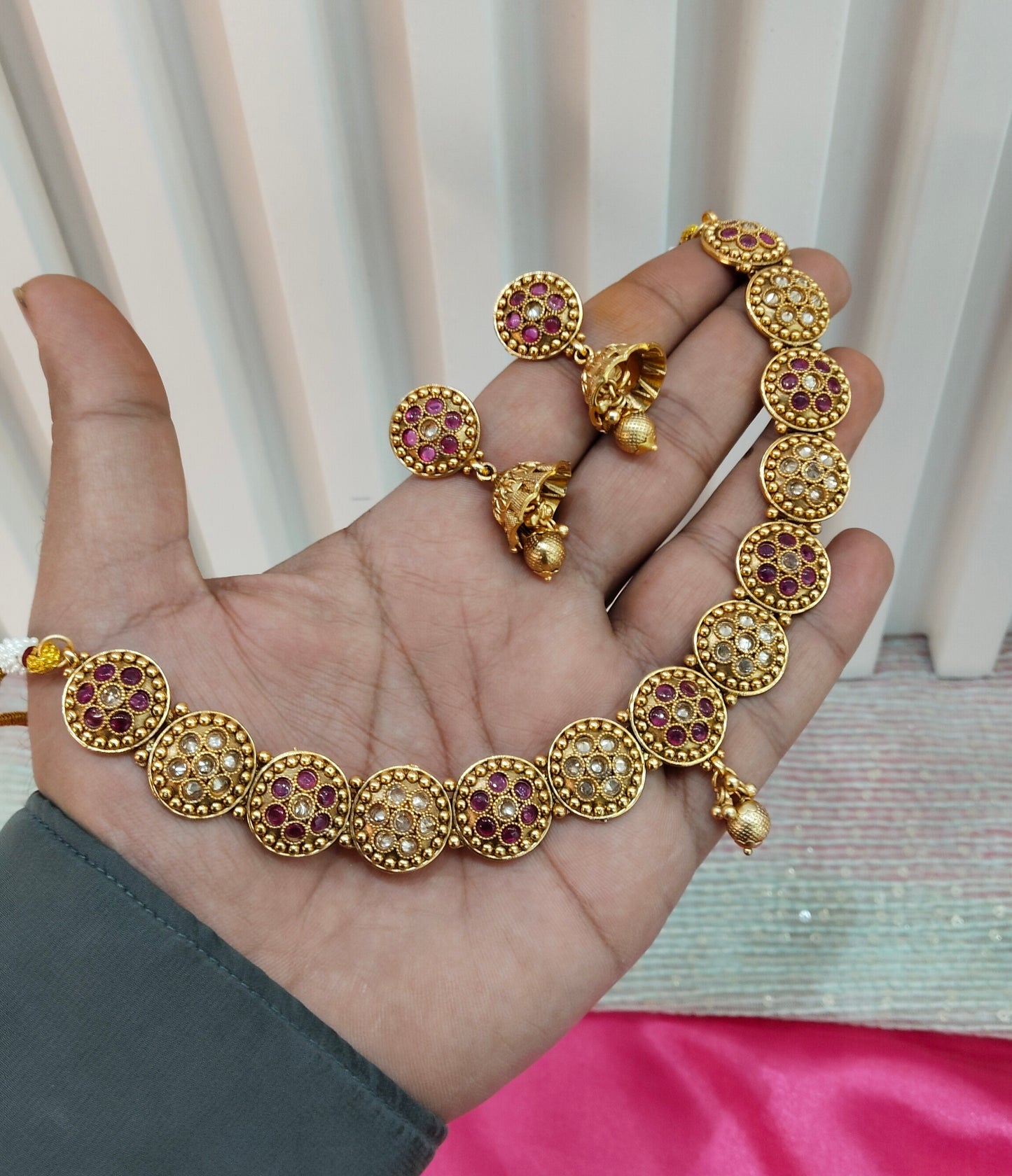 Ruby Gold Polki Jhumki Necklace Indian Jewellery Studio Set