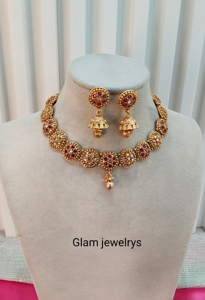 Ruby Gold Polki Jhumki Necklace Indian Jewellery Studio Set