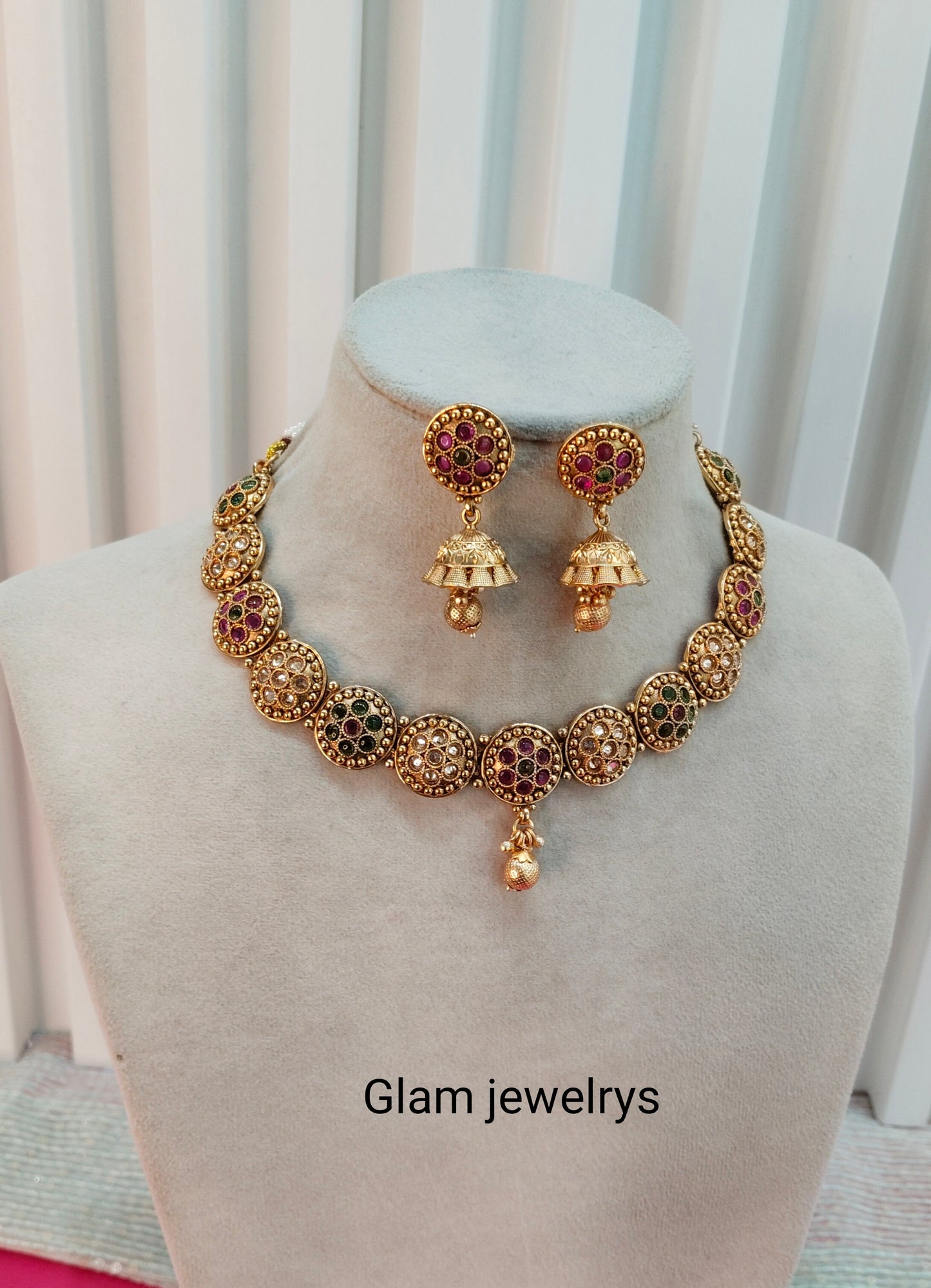 Ruby Green Gold Polki Jhumki Necklace Indian Jewellery Studio Set