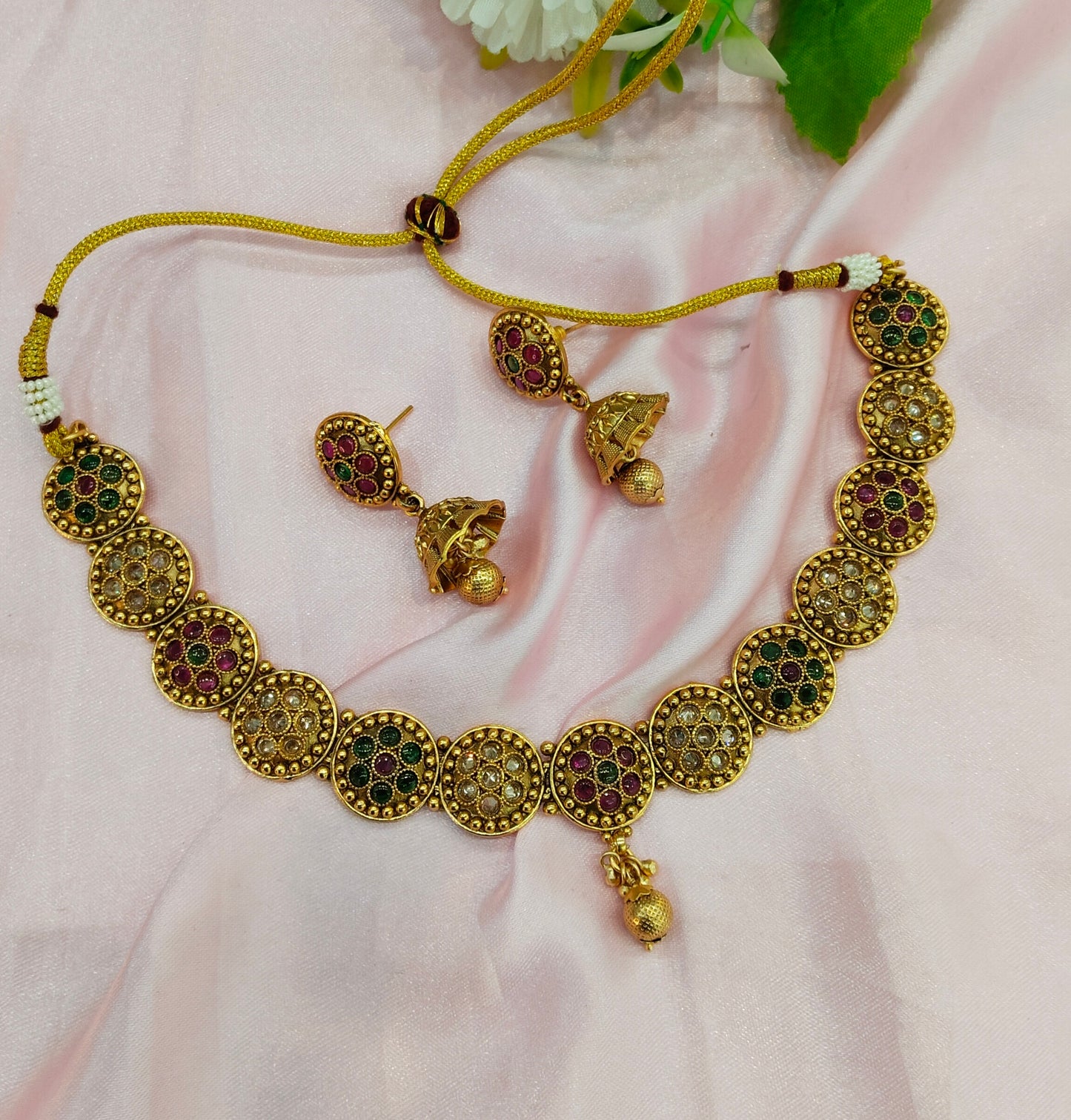 Ruby Green Gold Polki Jhumki Necklace Indian Jewellery Studio Set