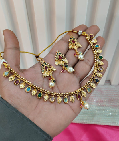 Multi color Gold Polki Necklace Indian Jewellery Studio Set