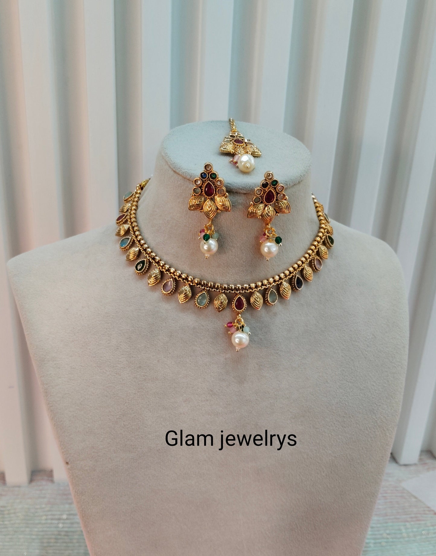 Multi color Gold Polki Necklace Indian Jewellery Studio Set