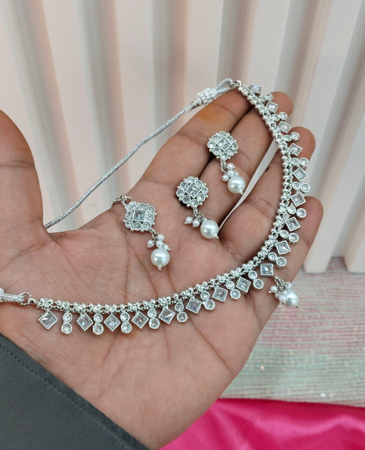 Silver White Polki  Necklace Indian Jewellery Studio Set