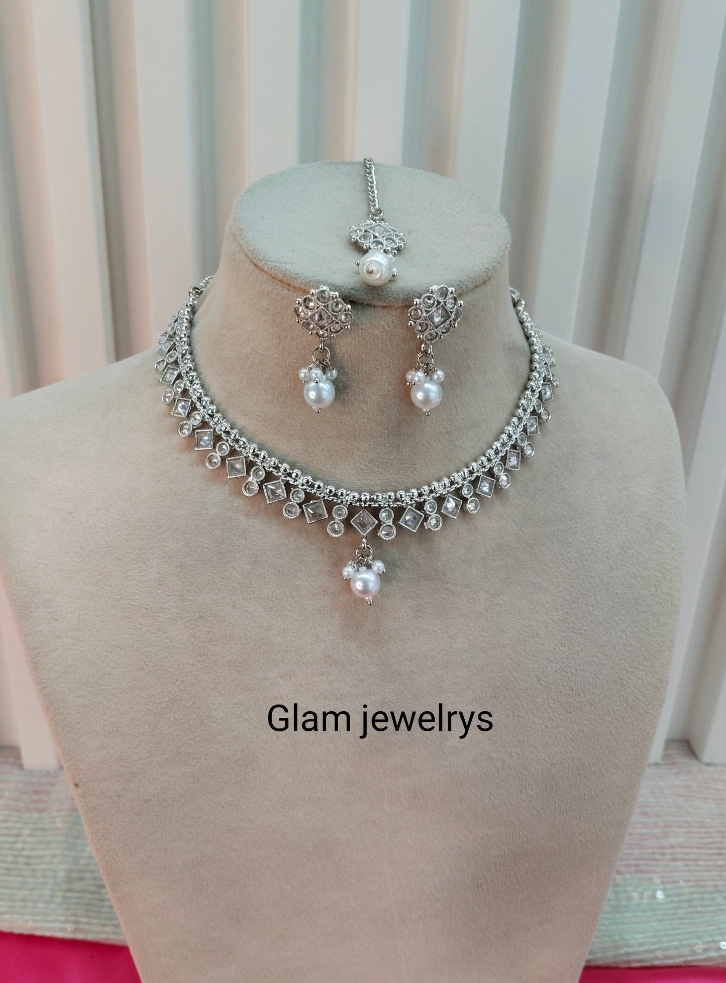 Silver White Polki  Necklace Indian Jewellery Studio Set