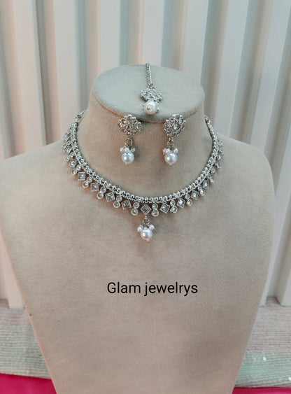 Silver White Polki  Necklace Indian Jewellery Studio Set