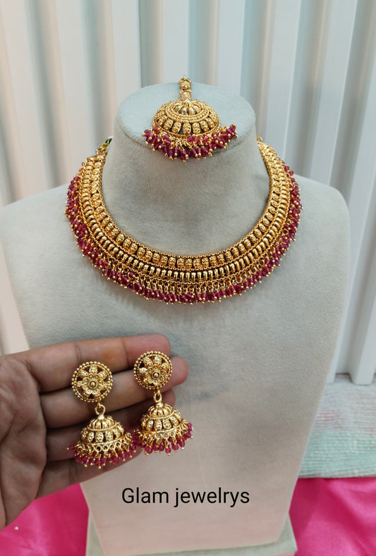 Ruby Gold Polki Jhumka  Necklace Indian Jewellery Studio Set