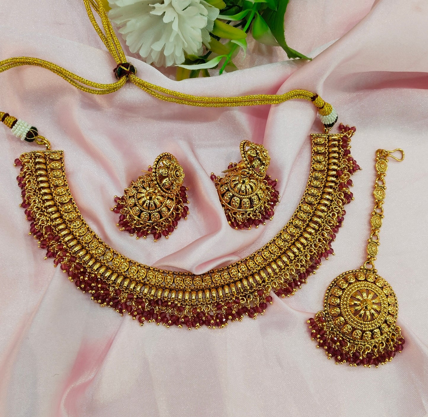 Ruby Gold Polki Jhumka  Necklace Indian Jewellery Studio Set