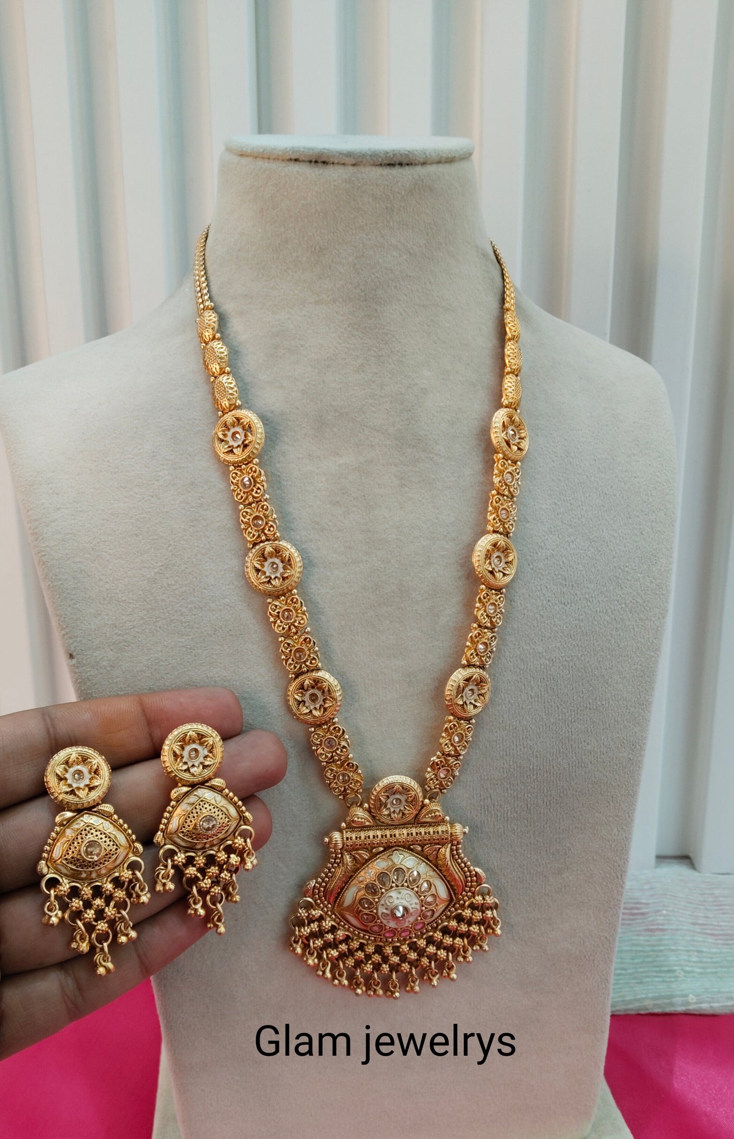 Gold Polki Long Rani Haar Necklace Indian Jewellery Set