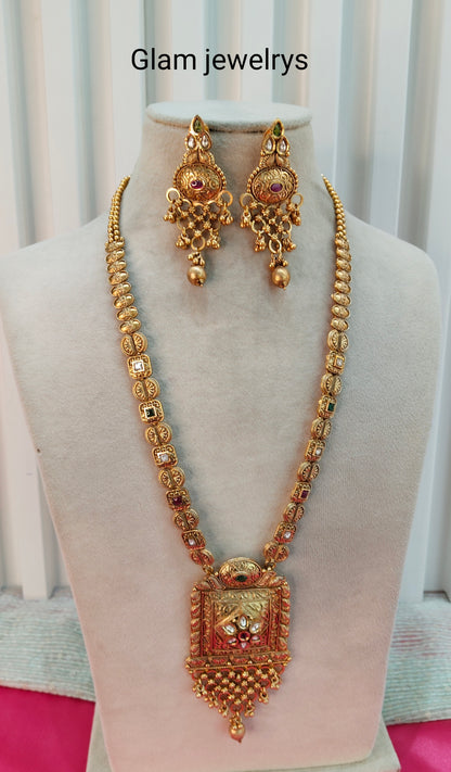 Ruby Green Gold Polki Long Rani Haar Necklace Indian Jewellery Set