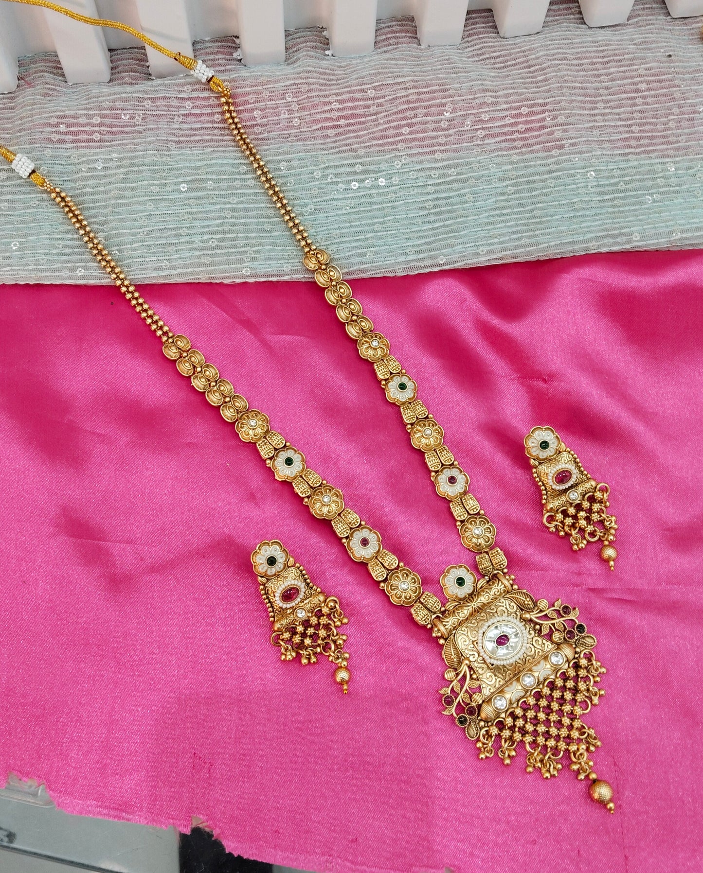 Ruby Green Gold Polki Long Rani Haar Necklace Indian Jewellery Set