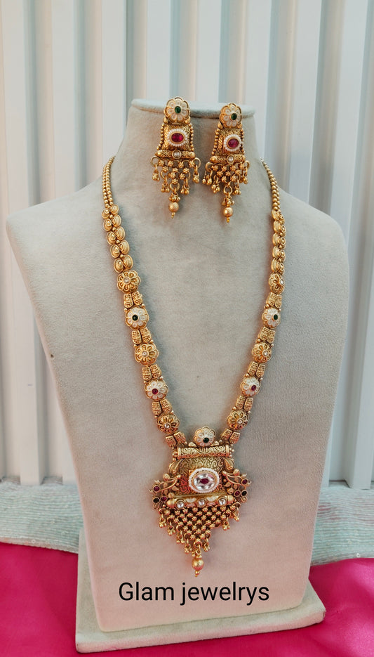 Ruby Green Gold Polki Long Rani Haar Necklace Indian Jewellery Set