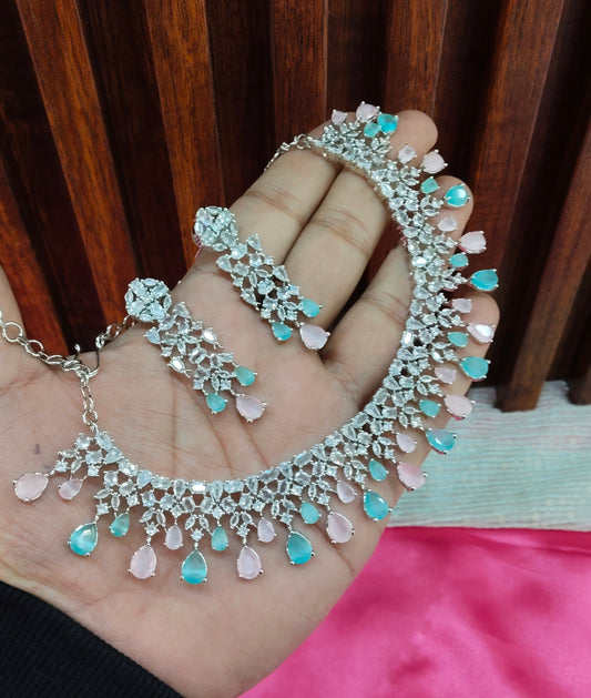 Sea Green Pink CZ Silver Necklace Indian Jewellery Auj Set