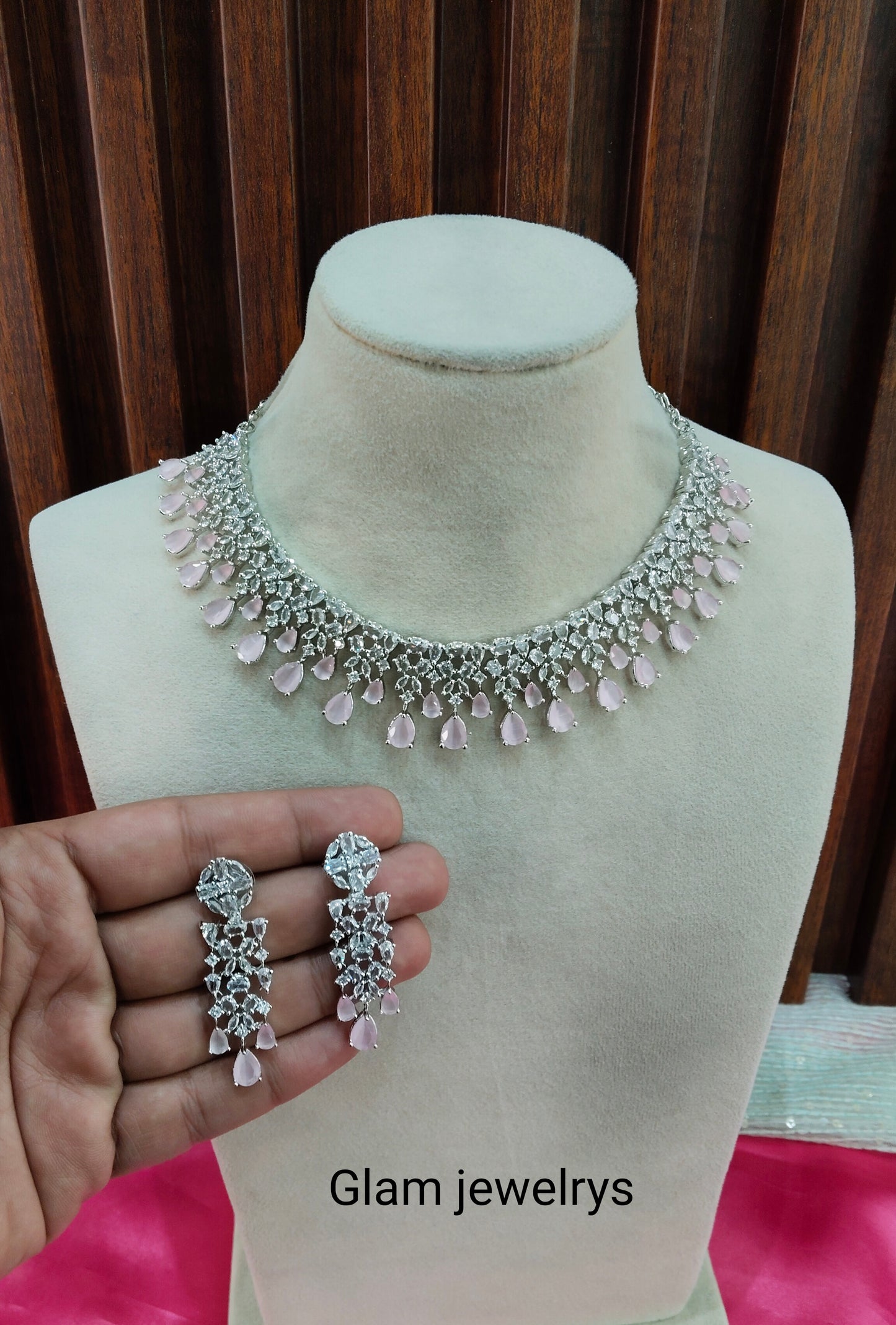 Pink CZ Silver Necklace Indian Jewellery Auj Set