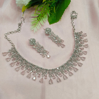 Pink CZ Silver Necklace Indian Jewellery Auj Set