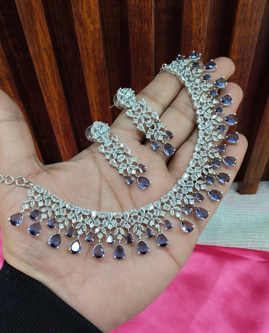 Light Purple CZ Silver Necklace Indian Jewellery Auj Set