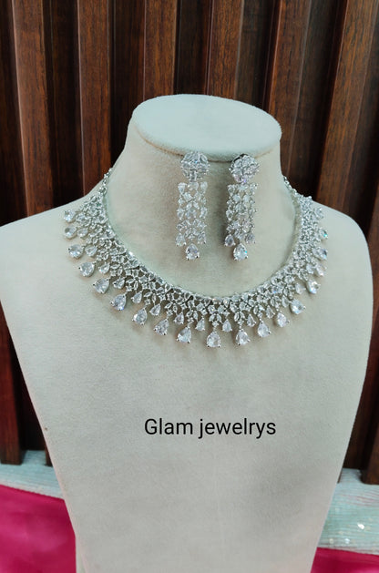 White CZ Silver Necklace Indian Jewellery Auj Set